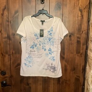 Ralph Lauren White Tee with Blue Floral Script Print